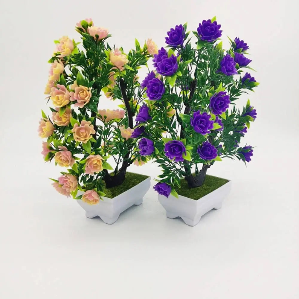 plantes artificielles bonsaï violet rose blanc jaune rouge pot carré mousse verte décoration intérieure