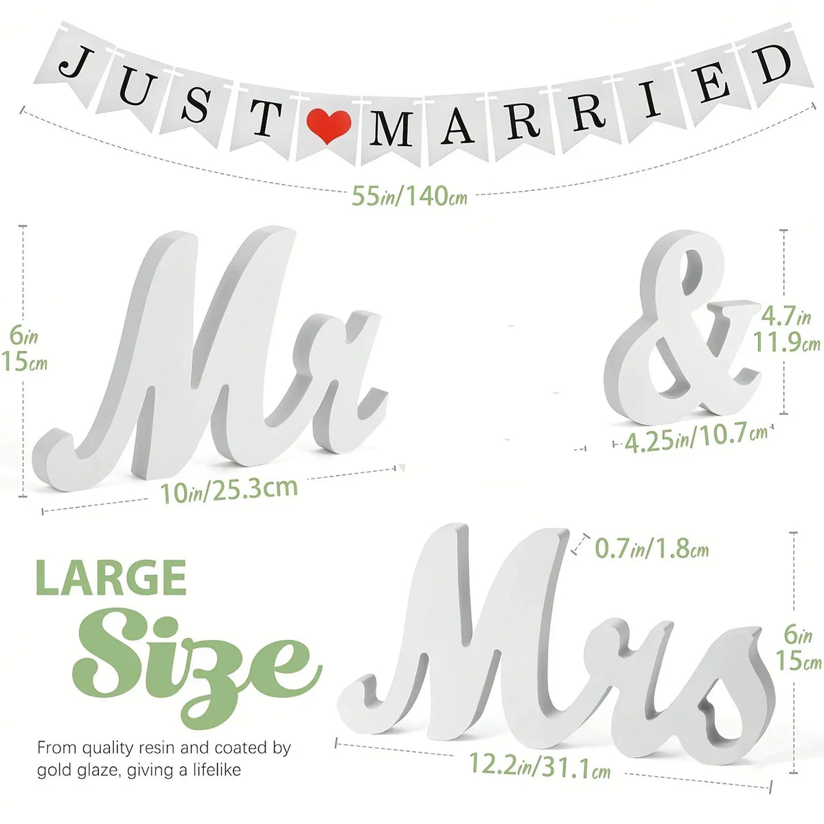 décoration mariage bannière just married coeurs blancs mr mrs lettres relief triangles crème