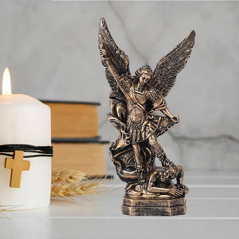 statue saint michel bronze ailes déployées démon religieuse classique 13cm haute qualité détails sculptural