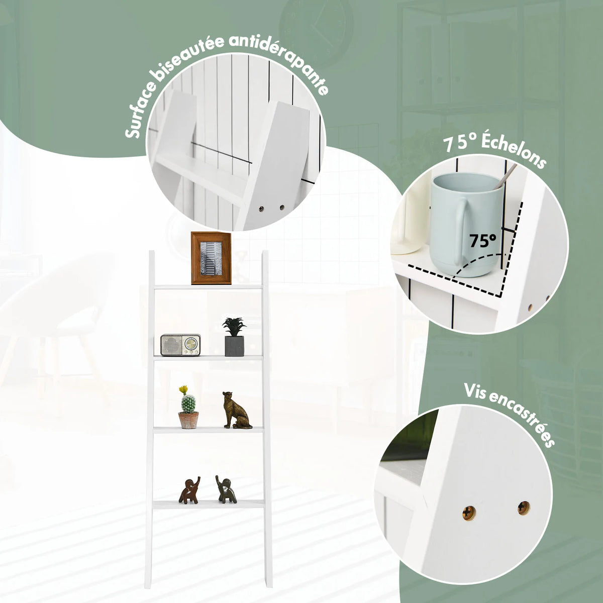 Étagère échelle en bois supportant des serviettes et accessoires de salle de bain