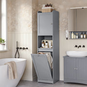 Armoire de salle de bain avec panier à linge amovible - Meuble rangement blanc ou gris clair
