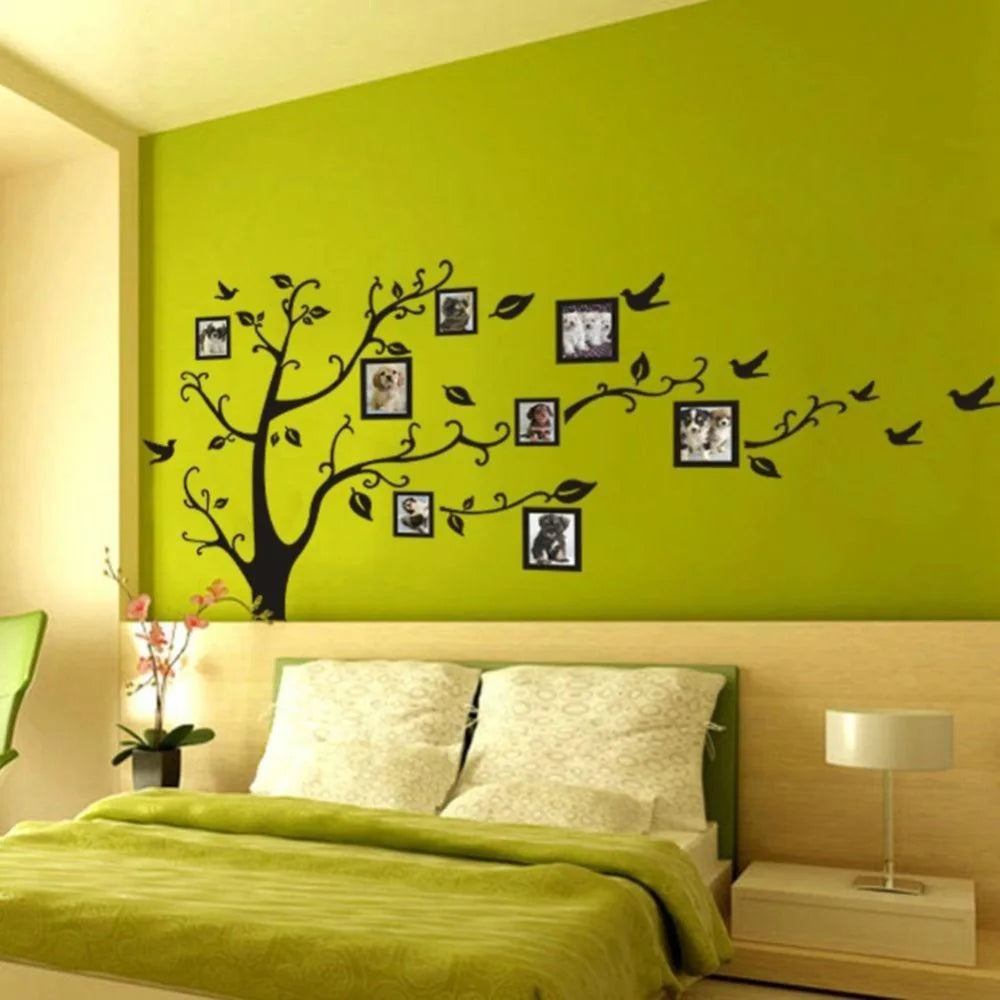 sticker mural arbre moderne noir branches feuilles oiseaux cadres photo 50x70cm