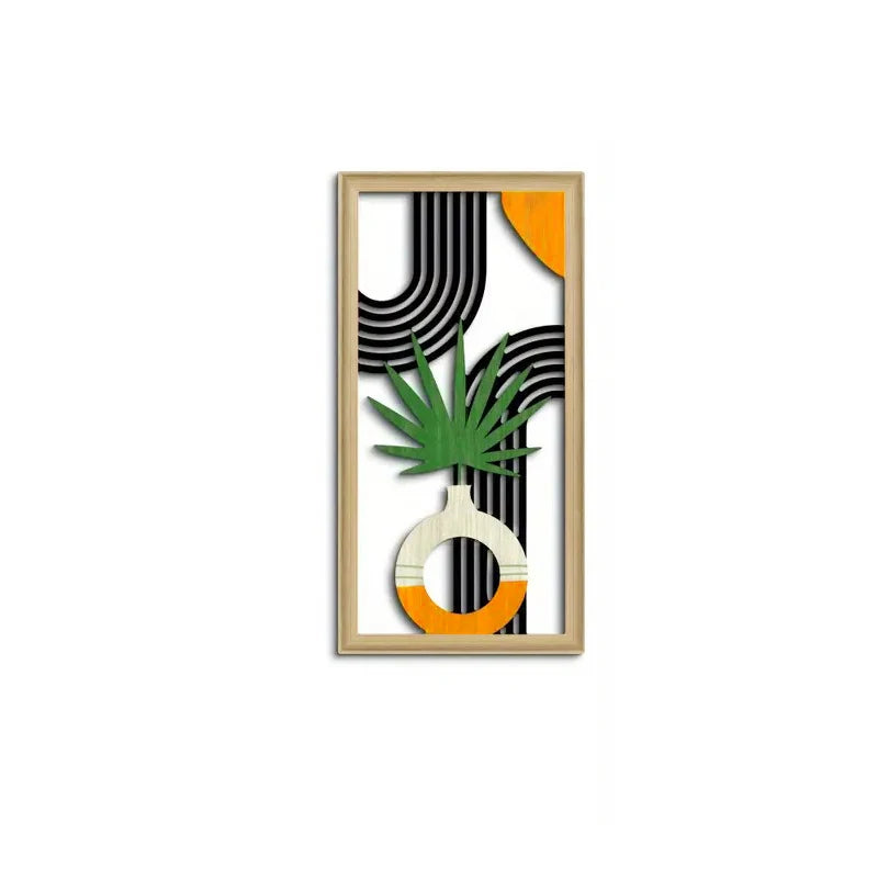 tableaux abstraits modernes bois noir blanc vert feuilles demi lunes dorées minimaliste