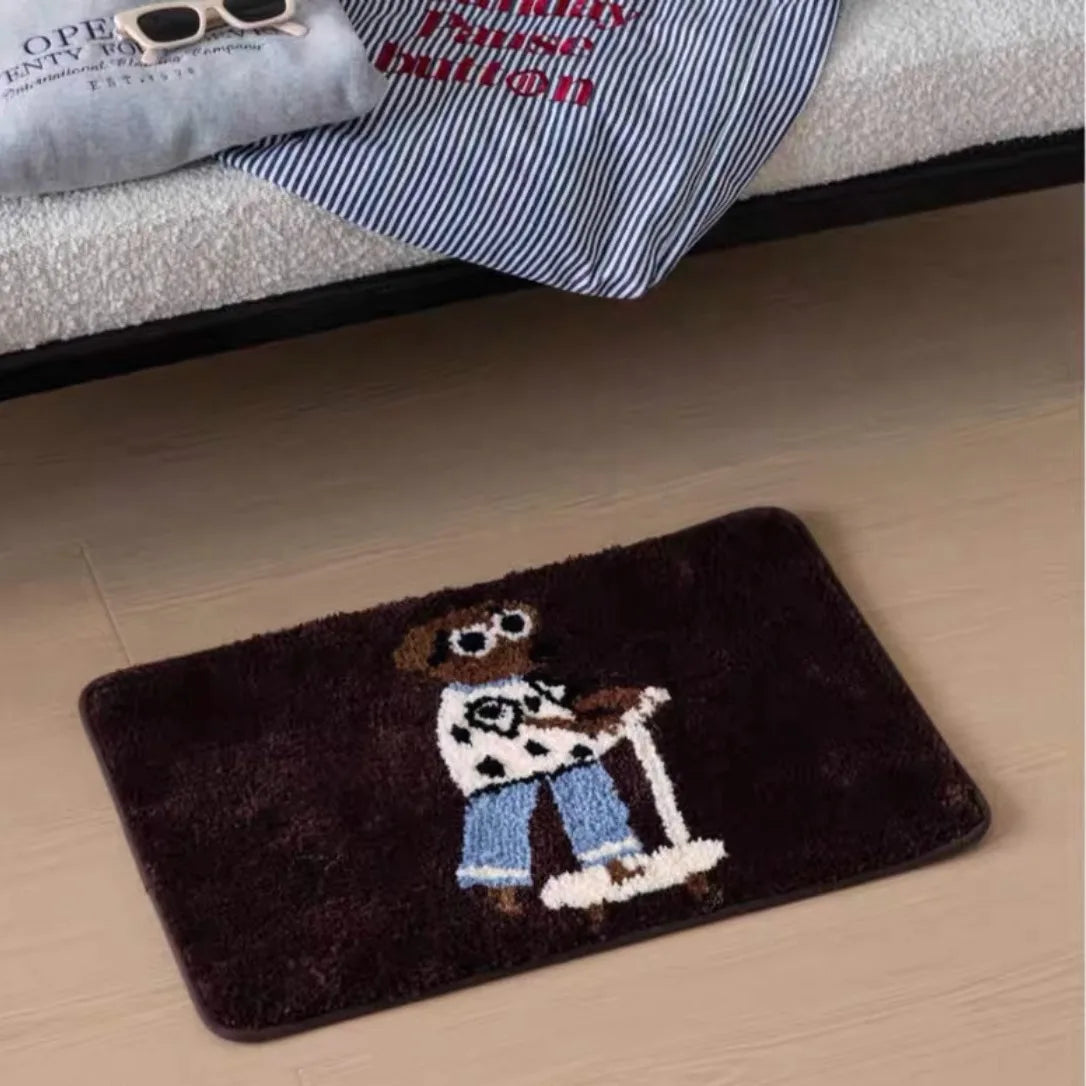 tapis marron chien lunettes moderne décontracté antidérapant polyester salle bain salon chambre chiot