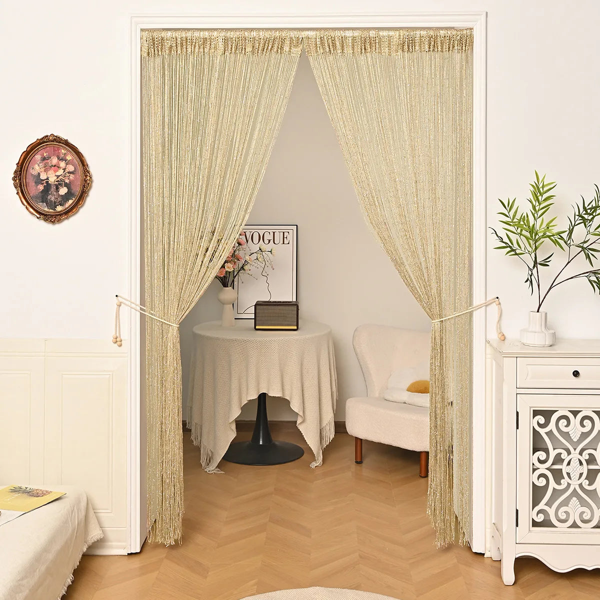 rideau bohème or franges brillantes moderne crème semi transparent chambre