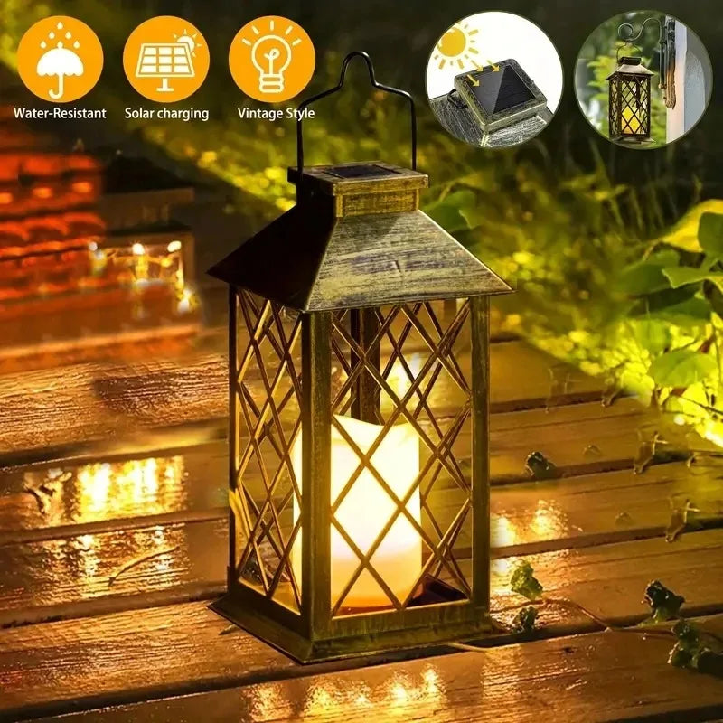 lanterne solaire marron doré carreaux vintage bougie led ip65 protection extérieure annuaire métallique