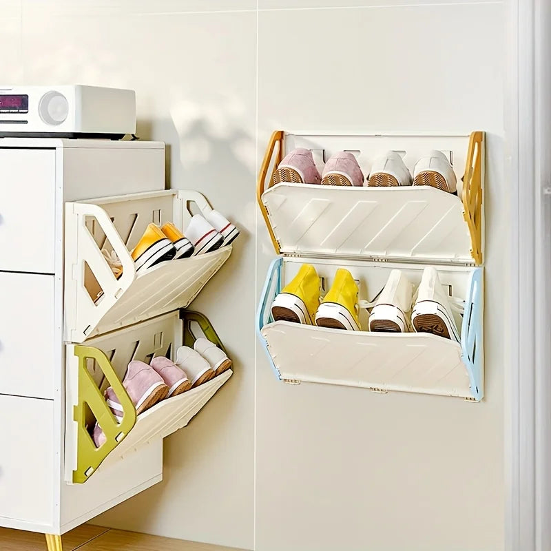 étagère pliable murale rangement chaussures moderne blanc jaune structure géométrique fixations poignées