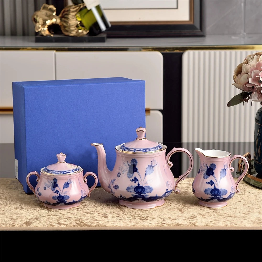 service thé vaisselle céramique rose vert jaune fleurs bleues classique soucoupe assiette pot sucre
