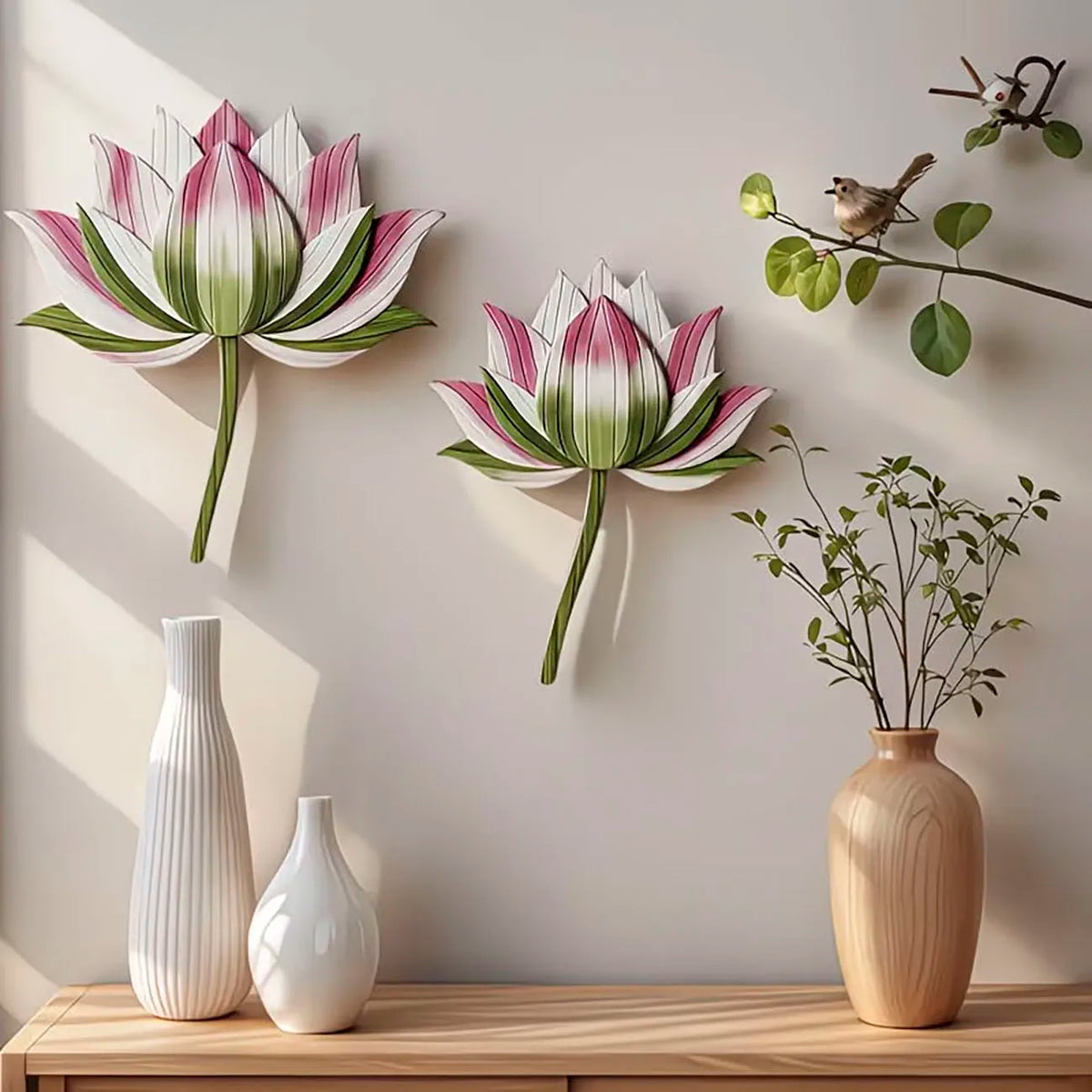 décoration murale bois fleur lotus reliefs feuilles détaillées vert blanc rose artisanal chambre coucher