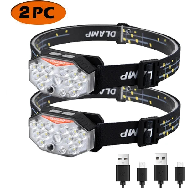 lampe frontale noire rayures jaunes led motion sensor ceinture ajustable camping
