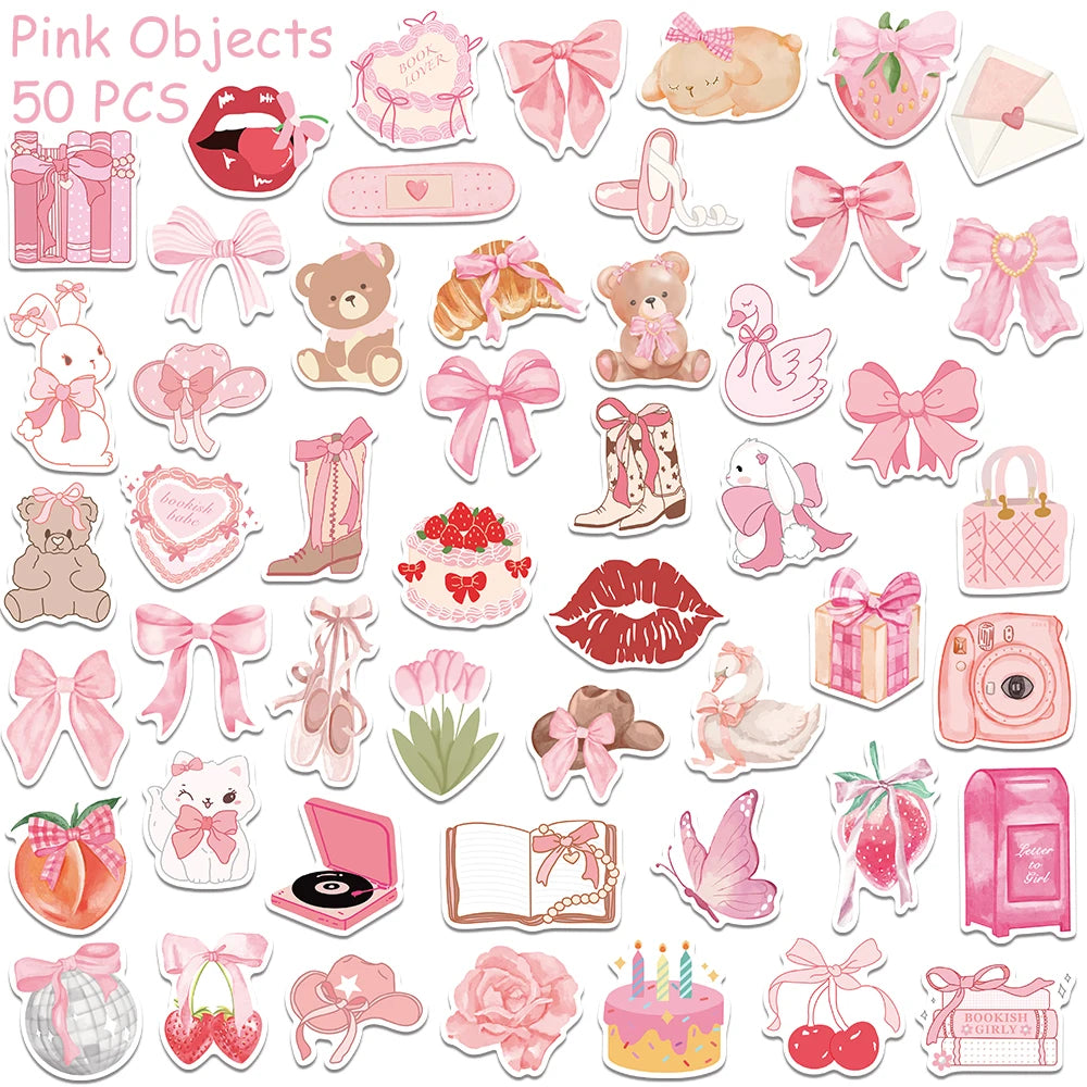 stickers illustration papillon rose blanc ours ballerines coeurs fleurs adhésifs 50pièces cartoon