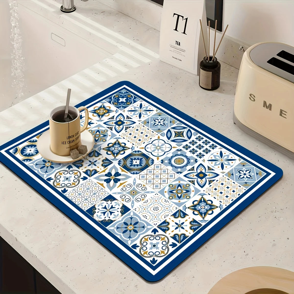 tapis sol moderne géométrique noir blanc gris bleu beige absorbant adhésif