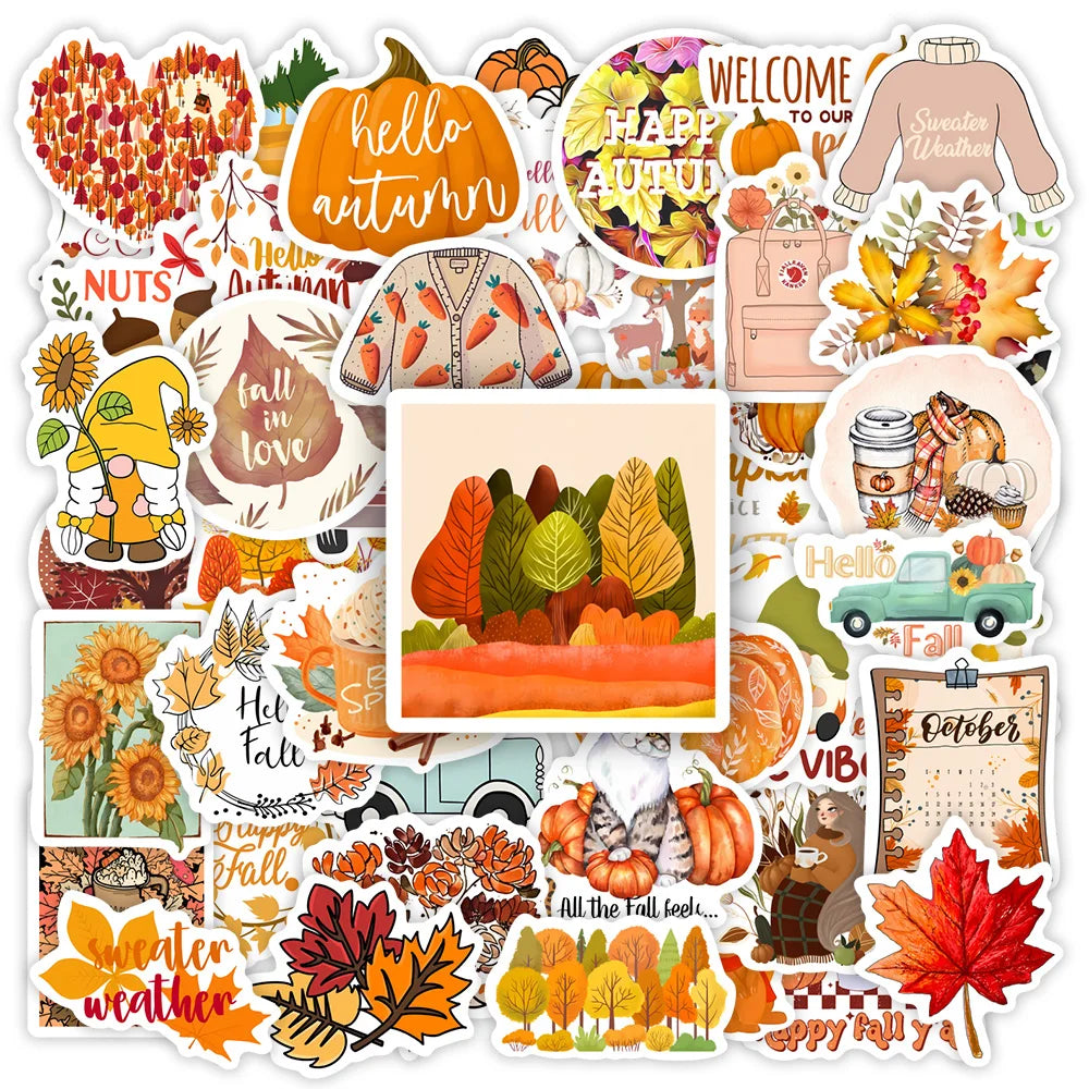 stickers automne orange jaune rouge feuilles citrouilles gnomes animaux illustration cartoon adhésifs mignons vintage
