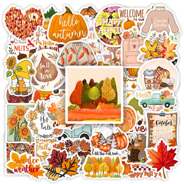 stickers automne orange jaune rouge feuilles citrouilles gnomes animaux illustration cartoon adhésifs mignons vintage