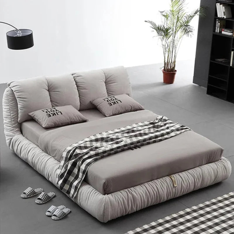 lit double gris plissé moderne rangement bois tissu composite chambre coucher