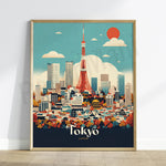 L'image représente le paysage urbain de Tokyo, la capitale du Japon, avec la tour de Tokyo emblématique et des gratte-ciel modernes au milieu d'une ville animée avec des arbres aux couleurs automnales.