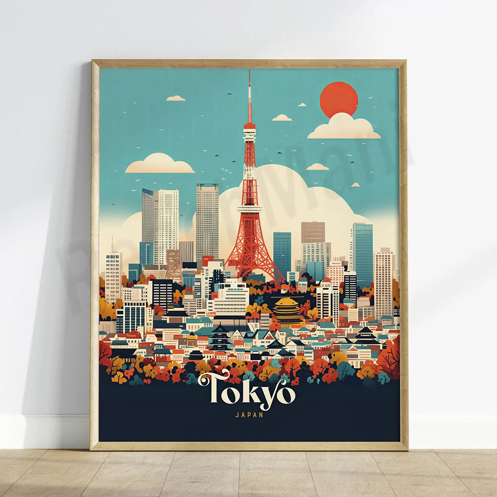 L'image représente le paysage urbain de Tokyo, la capitale du Japon, avec la tour de Tokyo emblématique et des gratte-ciel modernes au milieu d'une ville animée avec des arbres aux couleurs automnales.