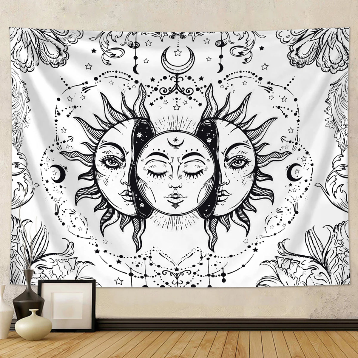 tapisserie solaire lune motifs floraux géométriques clips noir blanc polyester rectangle