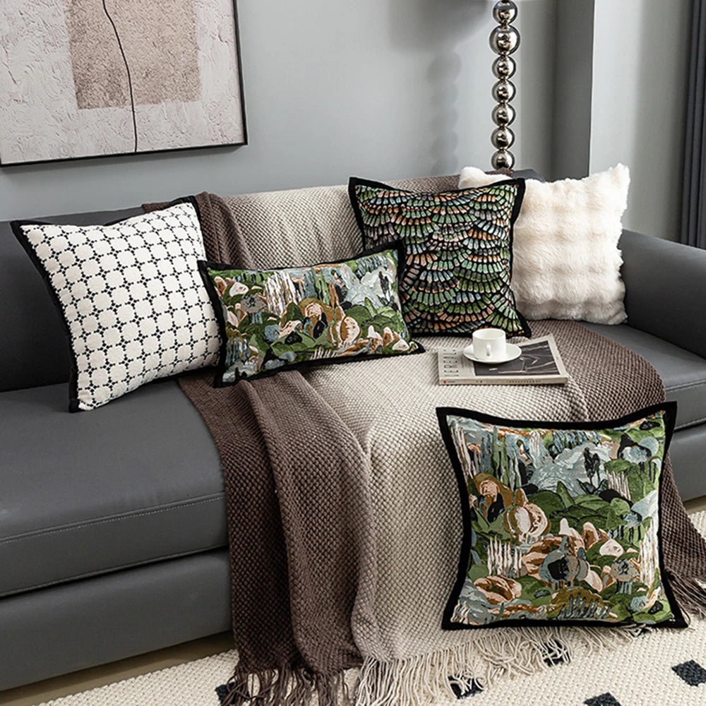 taies d'oreiller jacquard géométrique coton polyester blanc vert beige décoration canapé chambrehôtel
