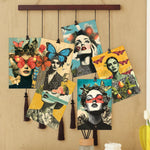 cartes postales art contemporain collage portraits fleurs papillons oiseaux clips magnétiques decoration maison bohème