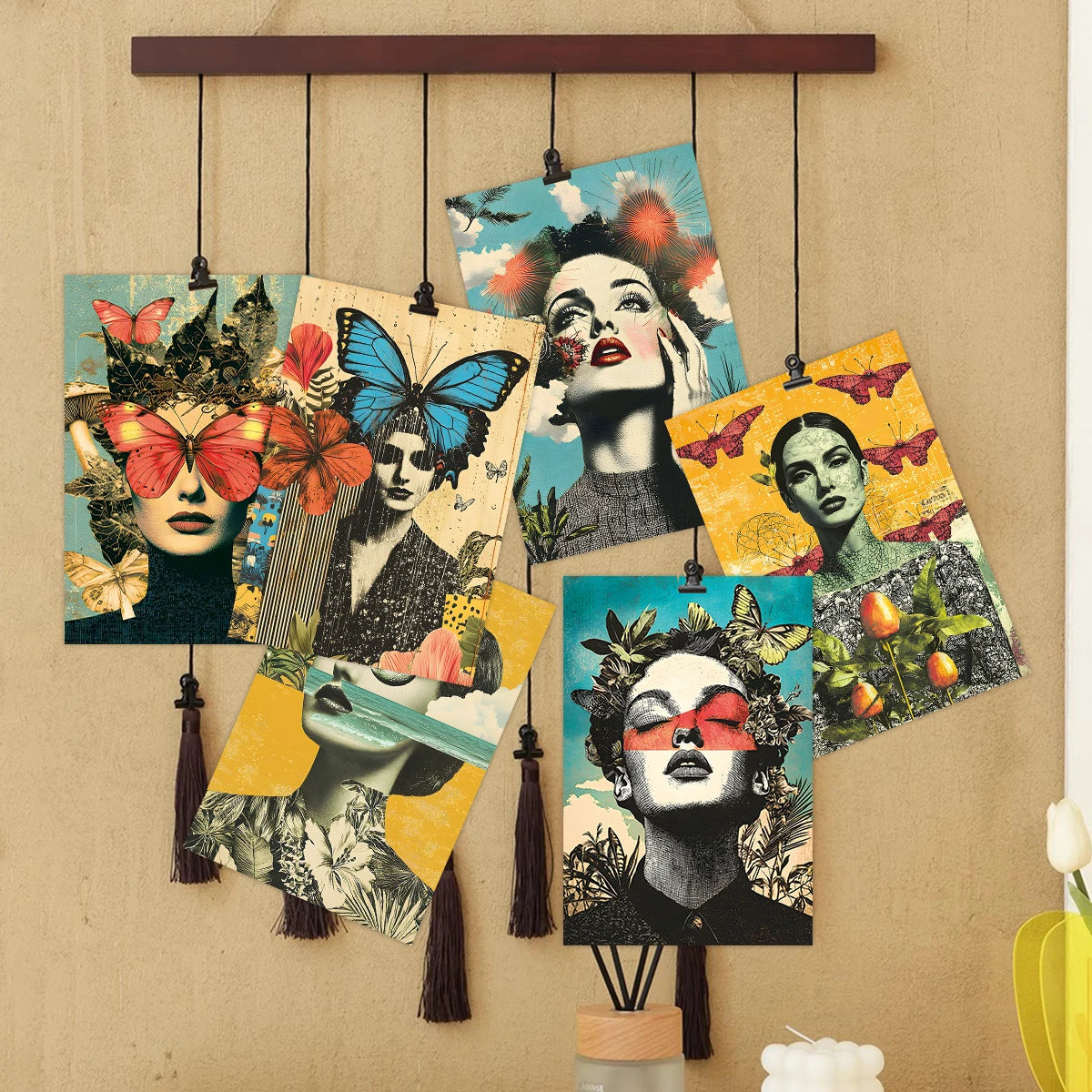 cartes postales art contemporain collage portraits fleurs papillons oiseaux clips magnétiques decoration maison bohème