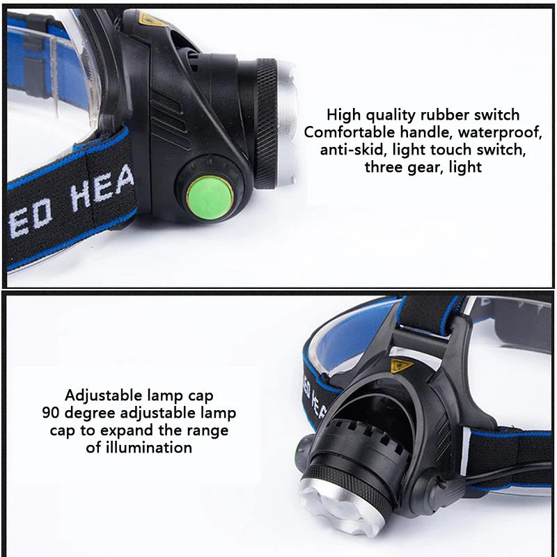 lampe frontale led noir bleu rayures texturée lentille transparente camping