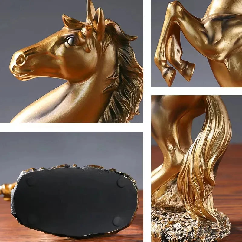 statue cheval résine doré noir blanc détaillée classique sculptural salon