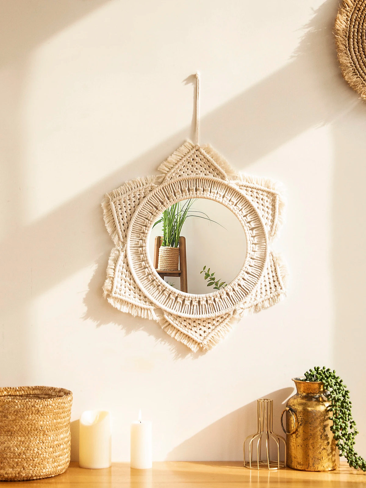 miroir boho blanc macramé franges artisanal crochet peigne protection chambre salon
