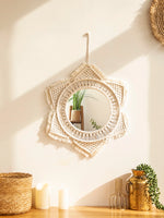 miroir boho blanc macramé franges artisanal crochet peigne protection chambre salon
