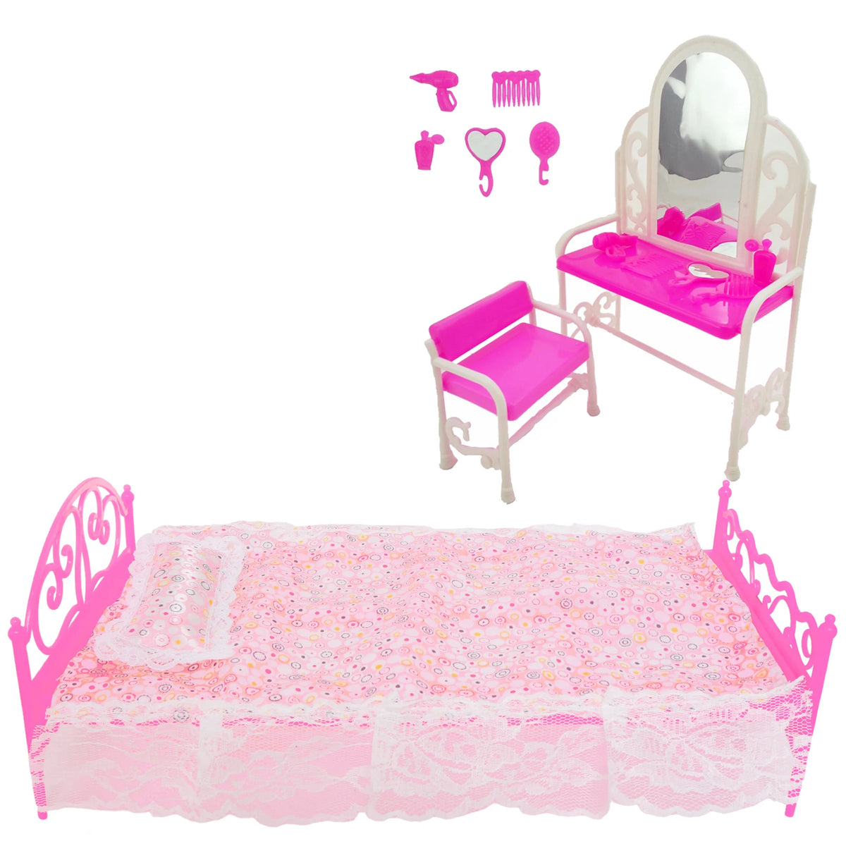 lit poupée rose fleurs blanches dentelle accessoires chambre oreiller coussin miroir tabouret peigne
