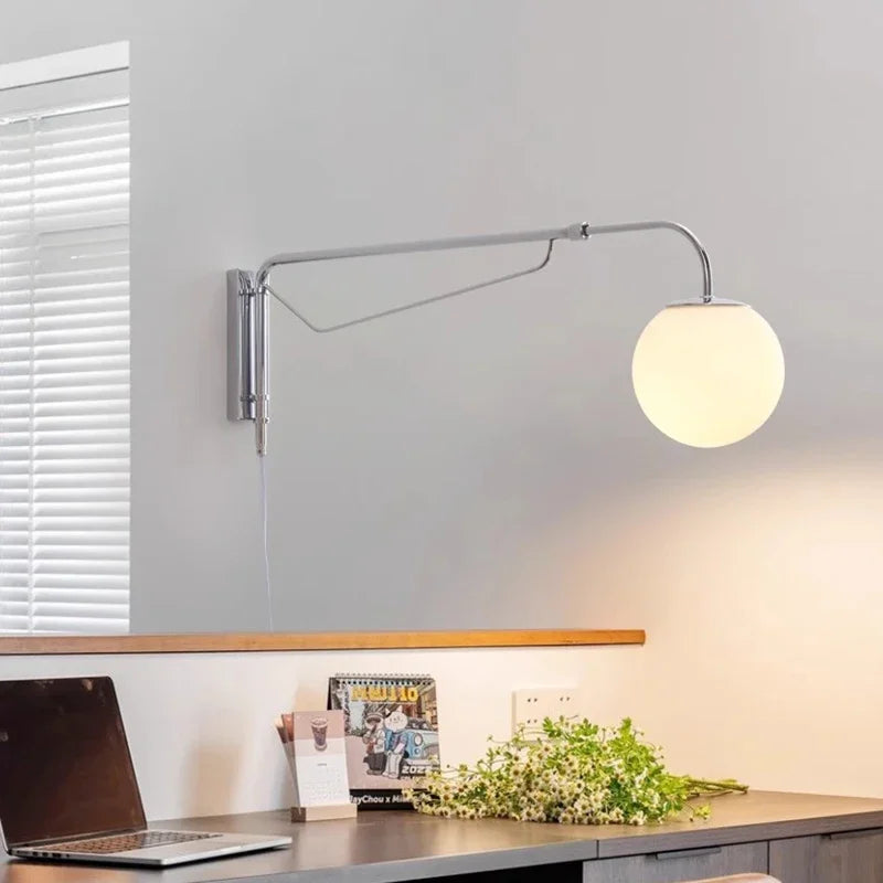 lampe murale articulée blanc chrome moderne minimaliste interrupteur bouton fixée mur câble électrique