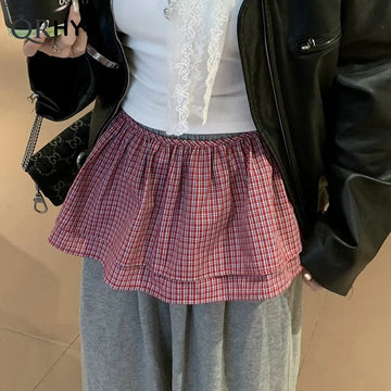 jupe mini plissée rouge blanc carreaux élastique dentelle casual junior polyester