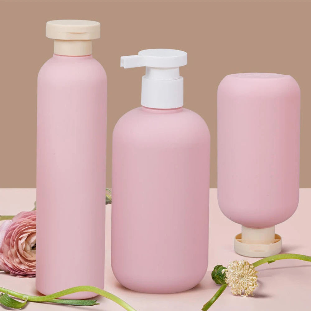 flacon cosmétique rose pâle 200ml 300ml bouchon blanc moderne salon