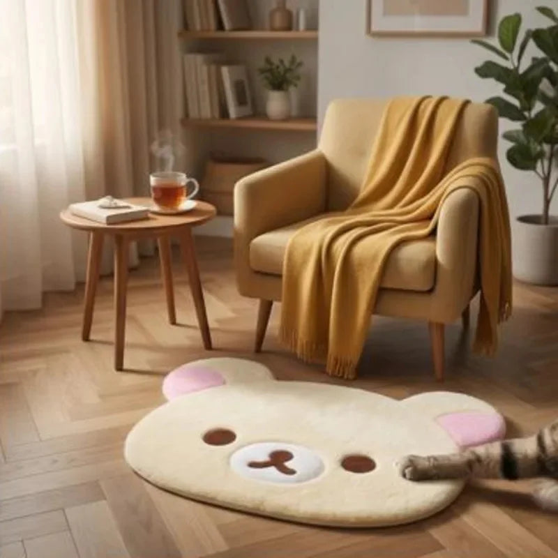 tapis doux nounours mignon beige rose chambre adulte enfant lavable flocage décoration intérieure