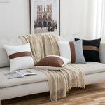 housse coussin carré moderne blanc bande marron rayures noir blanche fixations invisibles polyester coton