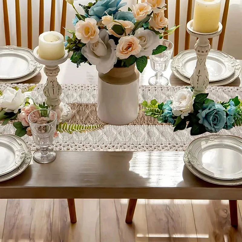 nappe lin rustique bohème macramé pompons dentelle franges beige marron vert pâle extérieur fêtes