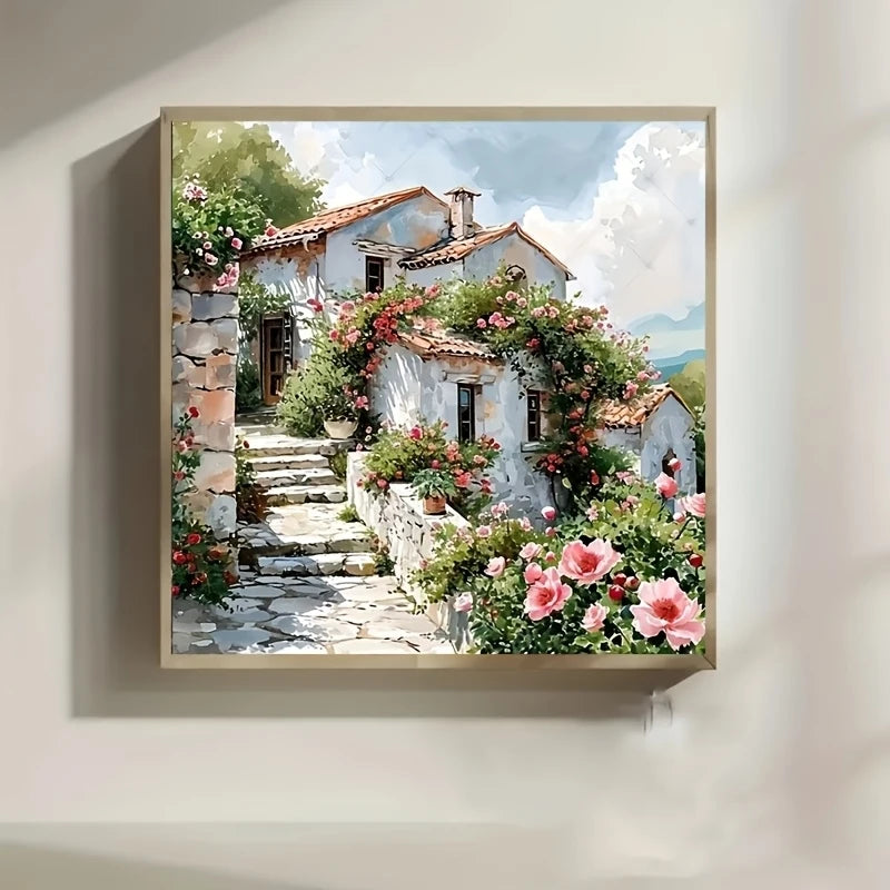 tableau diamanté fleurs paysage rural classique toile colorée résine opaque artisanal fleurs artificielles