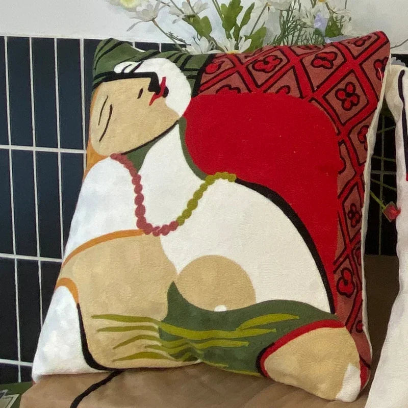 housse coussin coton brodé motifs abstraits visages stylisés moderne pop art bleu blanc orange