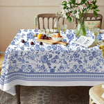 nappe fleurs bleues classique réutilisable polyester rectangle blanc table manger decoration hiver fêtes