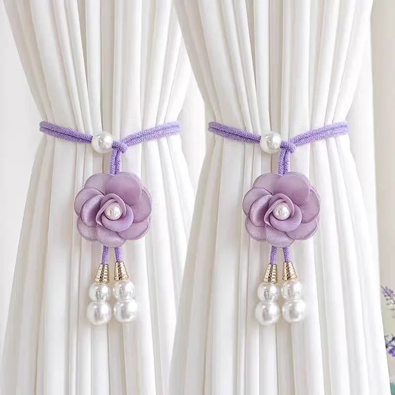 rideaux polonais fleurs relief soie nacrées corde tressée élégant accessoires décoratifs pastel doré
