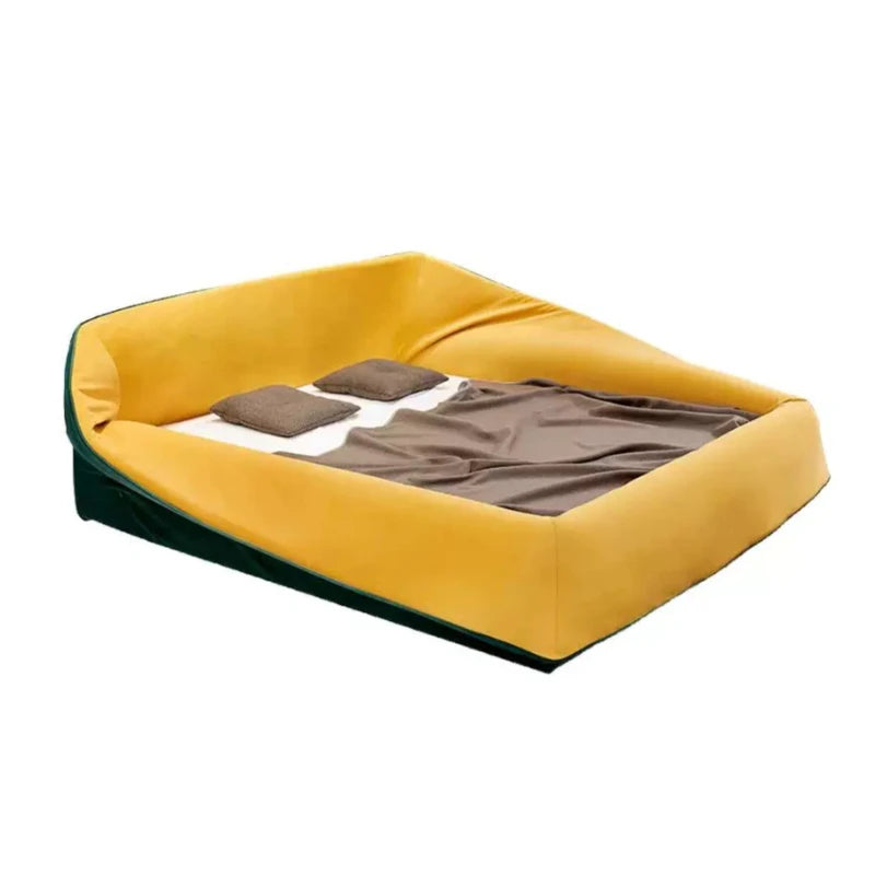 lit double nid oiseau velours jaune moderne minimaliste meuble chambre matelas oreillers couverture tapis