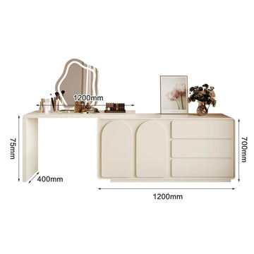 coiffeuse moderne minimaliste miroir rangement tiroirs blanc crème table maquillage tabouret tapis sculptures