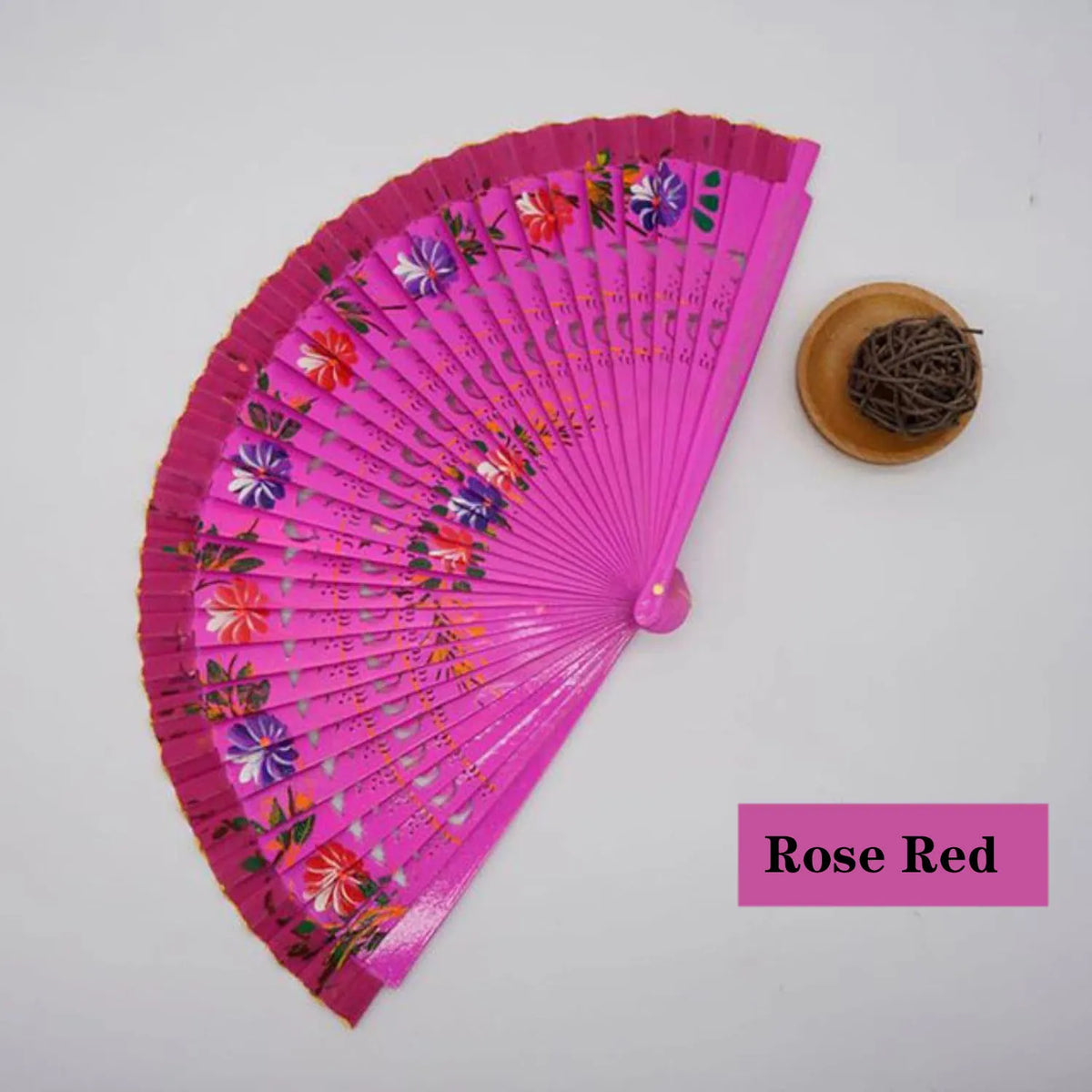 éventail traditionnel bois motif fleurs géométriques rouge bleu rose vert Jaune Noir