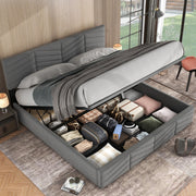 Lit capitonné 160x200 avec tête de lit hydraulique réglable et rangement intégré en velours gris beige