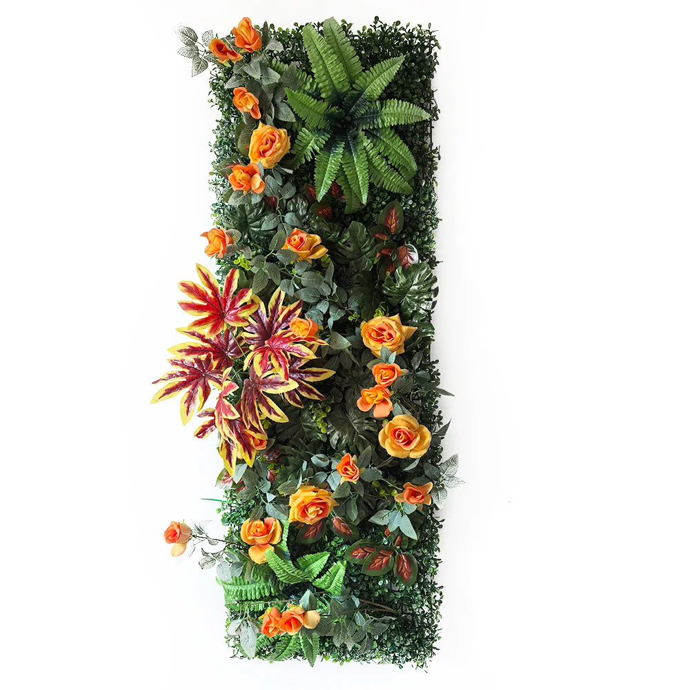 panneau végétal artificiel fleurs roses feuilles vertes décoration murale jardin mariage extérieur intérieur moderne