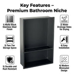 niche douche murale moderne étagères acier inoxydable noir mat carreaux blancs rangement salle bain