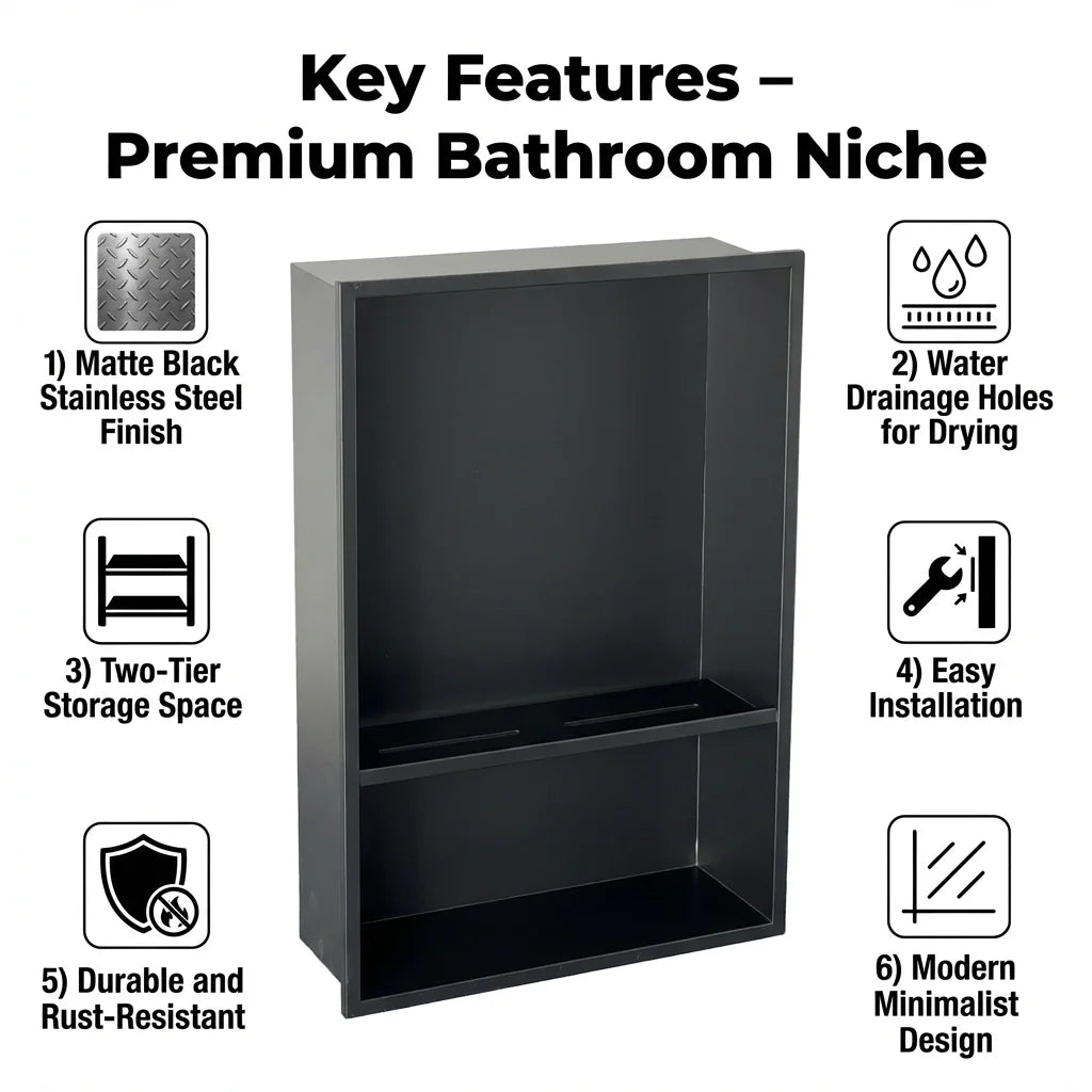 niche douche murale moderne étagères acier inoxydable noir mat carreaux blancs rangement salle bain