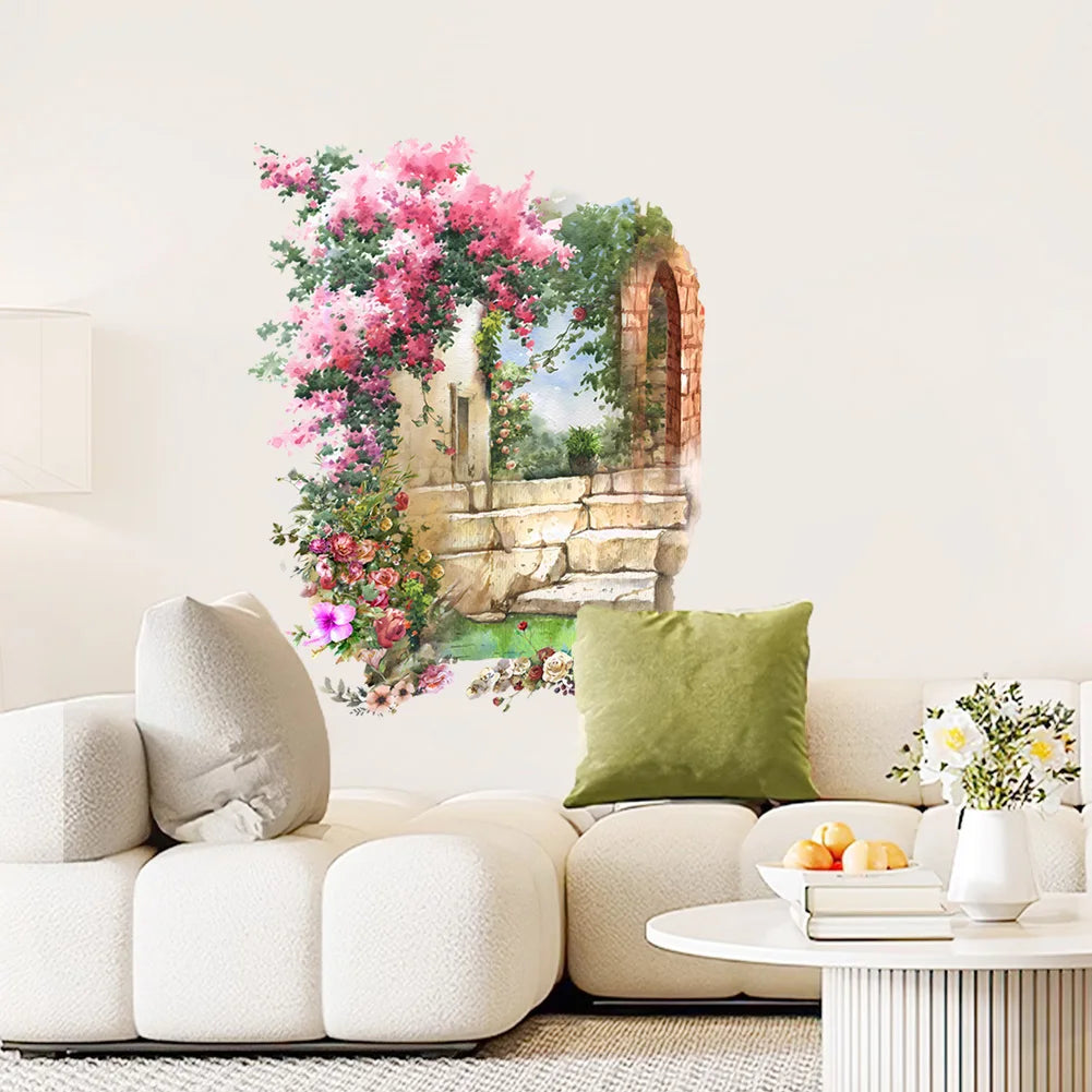 autocollant mural rose blanc vert fleurs pierres arche réaliste résistant eau facile dimension 52cm