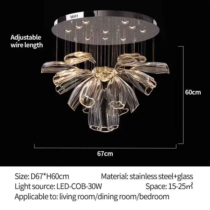 lustre suspendu led cristal transparent forme feuilles fleurs moderne luxe salon hall villa