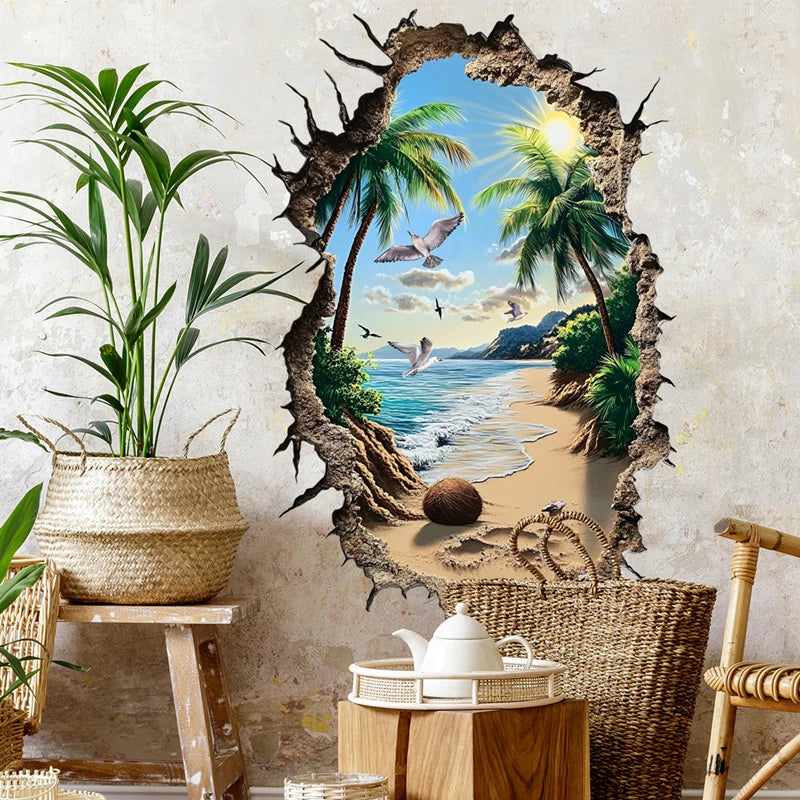 autocollants murals paysage marin palmiers oiseaux plage coquille sable ciel réaliste 3d deux pièces
